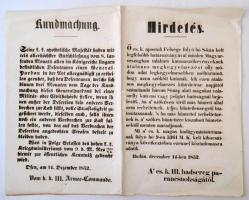 1852 Hirdetmény az általános közkegyelem azoknak a katonaszökevények, akik magukat bejelentik egy katonai vagy polgári hatóságnál, Budán, magyar ill., német nyelven, 38x48cm