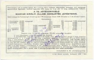 Budapest 1938. "A 70. Magyar Királyi Állami Sorsjáték" 1,50 Aranypengő értékű fél-sorsjegy...