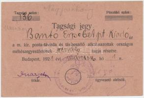 1921 a Magyar Királyi Posta-Távirda és Távbeszélő Alkalmazottak Országos Méhészegyesületének kitöltött tagsági jegye