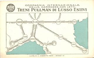 1928 Compagnia Internazionale delle Carrozze con Letti. Treni Pullman di Lusso Estivi / Italian Sleeping car Company  advertisement, railroad map (EK)