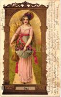Ősz / Autumn lady, art postcard, golden, litho (EK)