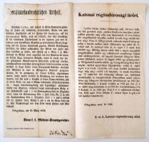 1853 Katonai rögtönítélő bíróság hirdetmény Czifra István    gazdálkodó 4 lovas betyárnak szállást és ellátást adott amiért golyó által kivégezték, Félegyháza, magyar és német nyelven, jó állapotban, 39x44cm