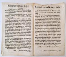 1853 Katonai rögtönítélő bíróság ítélete Nagykanizsán, 3 fő erőszakkal juhokat lopott amiért őket kötél által kivégezték, magyar ill., német nyelven,az egyik széle gyűrött,  37x48cm