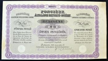 Budapest 1926. "Fonciére Általános Biztosító-Intézet" részvénye 50P-ről, szárazpecséttel T:II