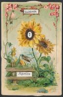 Mechanikus naptár képeslap, napraforgók / Calendar, mechanical postcard, sunflowers, floral Emb. litho