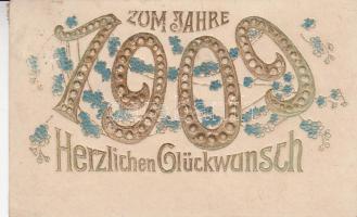 1909 New Year greeting card, golden, Emb.