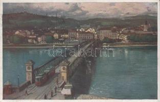 Linz an der Donau, Urfahr, Kunstverlag Hans Hausner, Künstlerkarte No. 7007/4 / bridge, tram (EK)