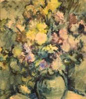 Wilhelm Lajos (?-?): Virágcsendélet, akvarell, papír, jelzett, paszpartuban, kopottas fa keretben, 45x39cm., 70x60 cm.