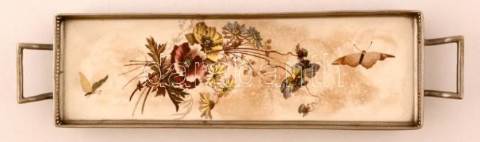 cca 1900 kis kínáló, levonó képes, fajansz és fém szerelékkel, jó állapotban, 29×7 cm