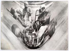 cca 1975 Gyuris Ferenc: Go-kart, feliratozott vintage fotóművészeti alkotás, kasírozva, felületén sérüléssel, 29x39 cm