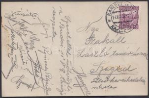 1932 Az FTC tagjainak (Polgár, Rökk, Schuster, Berkessy, stb.) aláírásai Karlovy Varyból küldött lev...