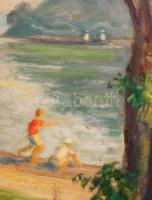 Karczag Zoltán (1881-1944): Kavics dobáló gyerekek a Duna parton. Olaj, vászon, festék lepattanásokk...