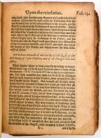 cca 1580-1600 James Brocarde 2 munkája. [James Brocarde:] The sermons upon the Apocalypse [On the Apocalypse ? ], [angolra fordította James Sandford?] Kiadási hely, év ismeretlen, 17--636 p. Hiányos! Upon Revelations [The Revelation of St. John reveled]. angolra fordította James Sanford Gent.  [London, Thomas Darthe, 1582] 14-152 p. Hiányos! Korabeli átkötött félbőr kötés. Megviselt állapotban! A kötéstáblák leszakadtak. A borító és a gerinc kopott. A két munka hiányos. Jacopo Brocardo vagy James Brocarde (1518-1594) olasz protestáns hittérítő és biblia magyarázó két munkája, angol nyelven. / The two work of Jacopo Brocardo, in english language. Half leather binding, in poor condition.