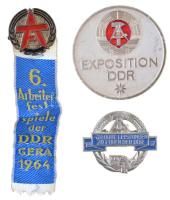 NDK 1964-1967. 3db klf jelvény, közte "NDK Kiállítás" festett, fém jelvény (42mm) T:2 GDR 1964-1967. 3pcs of diff badges, including "GDR Exposition" painted metal badge (42mm) C:XF