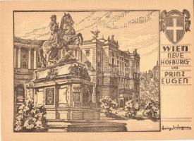 Vienna, Wien I. Neue Hofburg und Prinz Eugen / castle, statue, etching style, s: Heinz Wagner