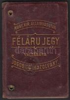 1903-1905 fényképes Magyar Királyi Államvasutak félárú jegy váltására jogosító igazolvány, szárazbélyegzőkkel, Deák Kelemen névre, bőr tokban, kijáró lapokkal.