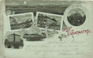 1899 Balassagyarmat, Kórház, fogház, megyeház, látkép, Fő utca, kékkői vár, floral, litho (EB)