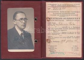 1938 Igazolvány a Budapesti Mérnöki Kamara tagja részére, 11x8cm