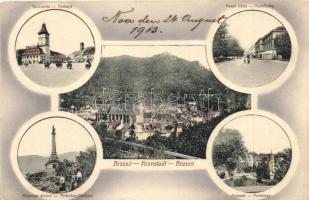 Brassó, Kronstadt, Brasov; Látkép, tanácsháza, Millenium szobor, Rezső körút, Posta rét, kiadja A. Seuler / general view, town hall, statue, avenue, meadow