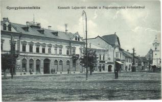 Gyergyószentmiklós, Gheorgheni; Kossuth Lajos tér, Fogarassy utca, gyógyszertár / square, street, pharmacy