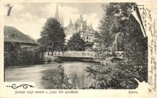Kassa, Kosice; Hernád folyó részlet a Jakab-féle palotával, kiadja Divald Károly / river, castle