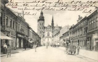 Kassa, Kosice; Deák Ferenc utca, templom, Brück Tóbiás angol úri szabó, szódás kocsi kiadja Varga Bertalan / street, church, tailor, soda cart (vágott / cut)