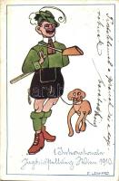 1910 Vienna, Wien; Erste Internationale Jagd Ausstellung / internacional hunting exhibition, hunter with dog art postcard s: E. Lenhard (EK)