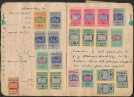 1945-1946 Forgalmi adó könyvként használt iskolai füzet budapesti forgalmi adó bélyegekkel