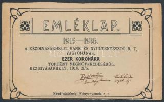 1918 Emléklap a Kézdivásárhelyi Bank és Nyúltenyésztő Rt. vagyonának ezer koronára történt megnövekedéséről