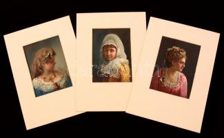 Női portrék, 3 db litho nyomat, jelzés nélkül, paszpartuban, 13×9 cm