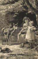 Children, deer, rabbit, art postcard, litho