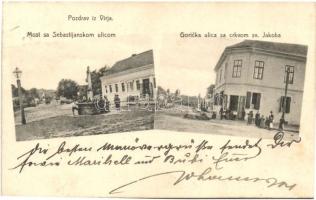 Prodavíz , Virje, Virja; híd, utca, üzlet / Most sa Sebastijanskom ulicom, Goricka ulica sa crkvom sv. Jakoba / bridge, street, shop