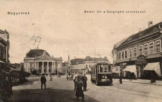 Nagyvárad, Oradea; Bémer tér, Szigligeti színház, villamos, gyógyszertár / square, theatre, tram, pharmacy (Rb)