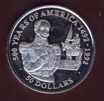 Cook szigetek 1990. 50$ Ag "Amerika 500 éve-Bolivar" T:PP