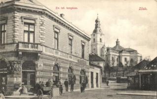 Zilah, Zalau; Református templom, Stern R. üzlete, kiadja Seres Samu / church, shops