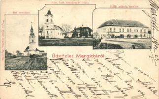 Margitta, Marghita; Református templom, római katolikus templom, iskola, mölki apátság kastálya, kiadja Henger Victor / church, school, castle (EK)