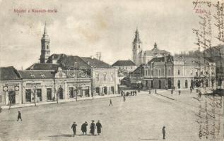 Zilah, Zalau; Kossuth tér, Lengyel Antal, Pintér János és Békés Samu üzlete  / square, shops