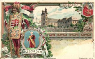 Szabadka, Subotica; templom, Bács-Bodrog megye címere; Athenaeum Rt. kőnyomdája / church, coat of arms, floral, litho (EK)