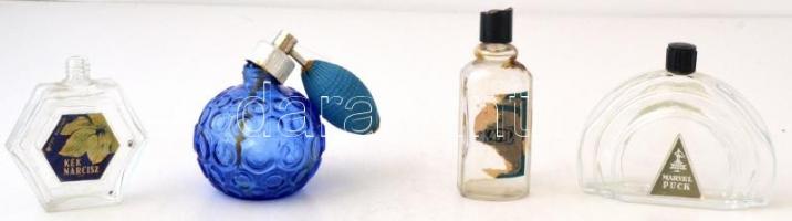 4 db különféle parfümös üveg, márkajelzettek, kis kopásnyomokkal, különböző méretben
