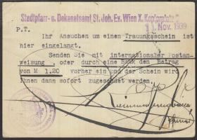 1939 Bécsi házassági okmány kiadással kapcsolatos hivatalos levelezőlap, 10x15cm