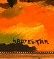 Nagy jelzéssel: Piros kapu. Olaj, falemez, sérült, 50×70 cm