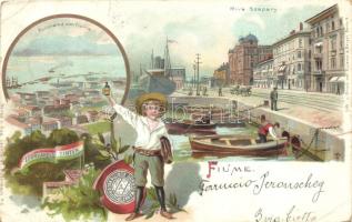 1899 Fiume, Panorama, Riva Szapáry, Verlag von Aug. Leonhardi / genera view, seashore, street, litho (EB)