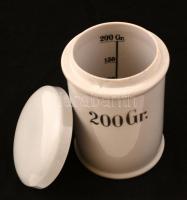 200g-os patika tégely, tetővel, alján csorbával, m: 10 cm, d: 7,5 cm