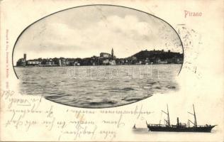 Piran, Pirano; General view from the sea, ship