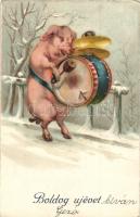 'Boldog Újévet' / New Year greeting card, pig, litho