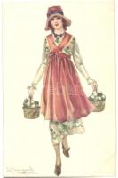 Italian art postcard, lady with eggs, CDM 944-6 s: Bompard