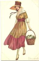 Italian art postcard, lady with eggs, CDM 944-5 s: Bompard