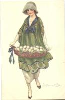 Italian art postcard, lady with eggs, CDM 944-4 s: Bompard