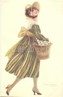 Italian art postcard, lady with eggs, CDM 944-3 s: Bompard