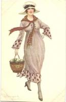 Italian art postcard, lady with eggs, CDM 944-1 s: Bompard